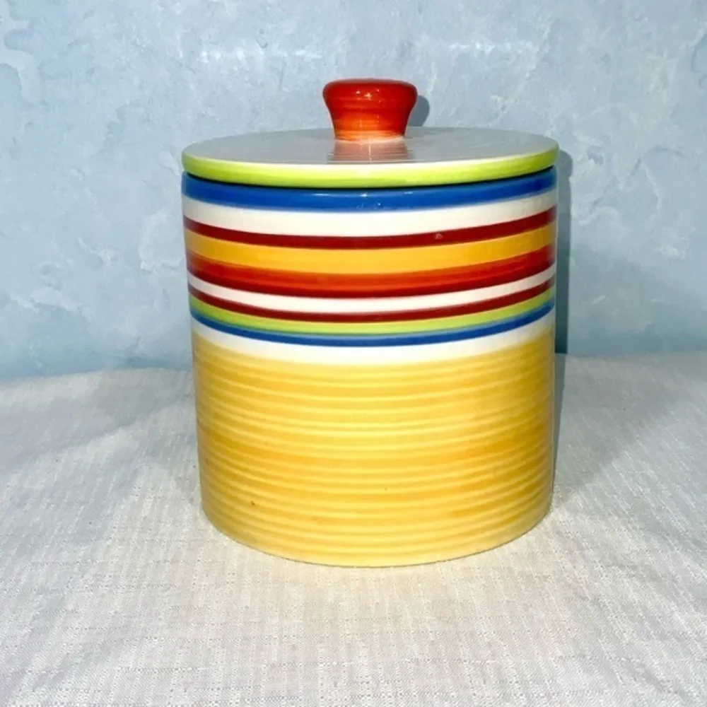 Clay Art “Calypso” Hand Painted Yellow Multicolor Stripes Stone Lite Canister 5”